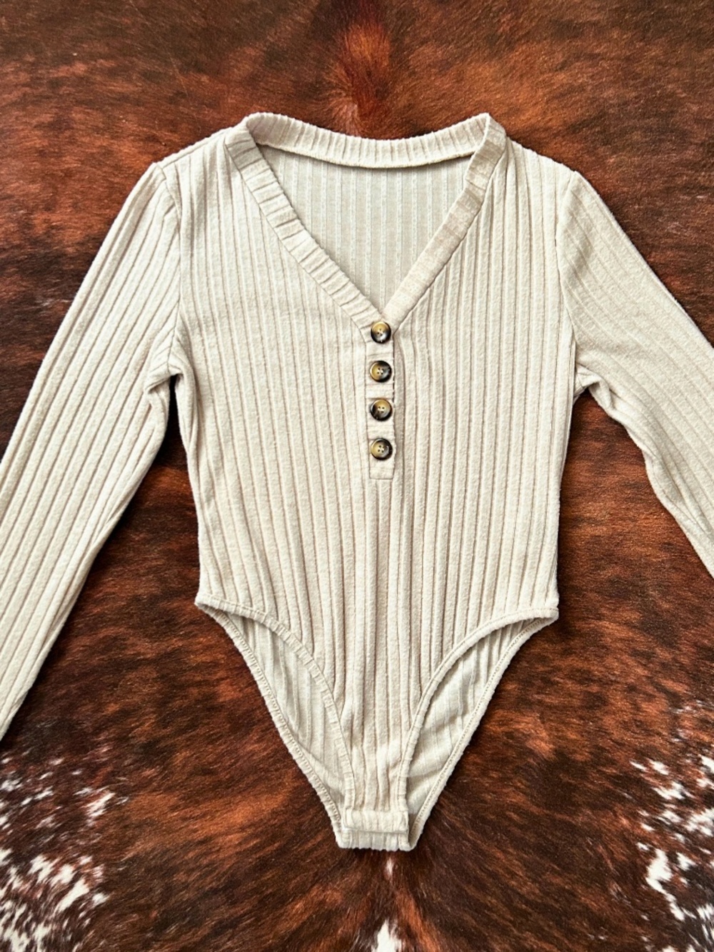 SHEIN Beige Ribbed Long Sleeve V-Neck Bodysuit with Buttons